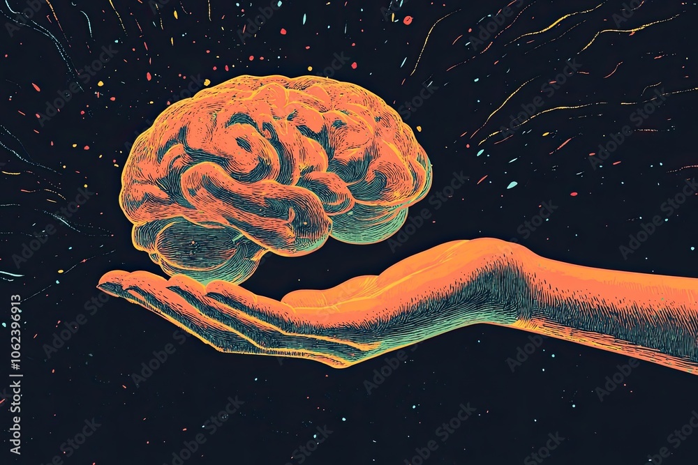 A hand gently holding a glowing brain against a dark background ...