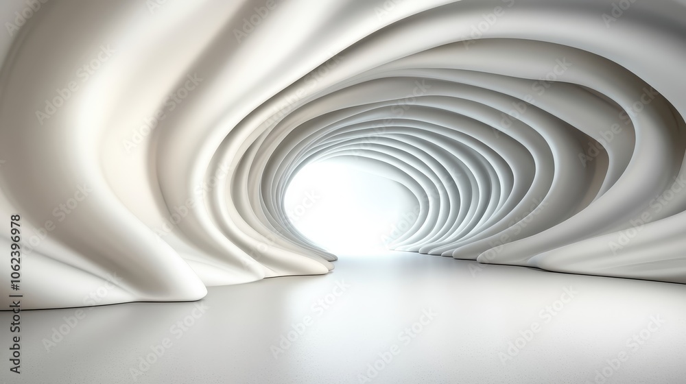A fluid tunnel with organic soft white curves that twist and flow, creating an ethereal and comforting vibe. The soft shapes suggest movement and peace. A fluid tunnel with organic soft white curves that twist and flow, creating an ethereal and comforting vibe. The soft shapes suggest movement and peace.
