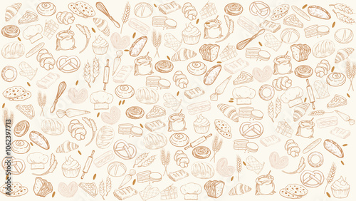 bakery pattern wallpaper or background featuring a assortment of fresh pastries and baking tools 