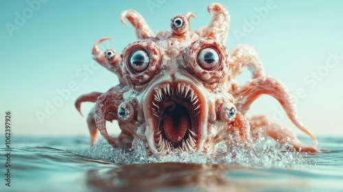 A nightmare sea creature with multiple eyes and a wide, gaping mouth rises dramatically from ocean waves, inspiring fear and awe in its surreal depiction. photo