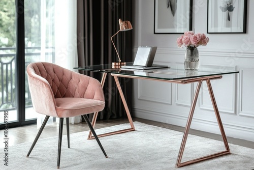 A stylish home office setup featuring a glass desk and elegant pink chair with floral decor