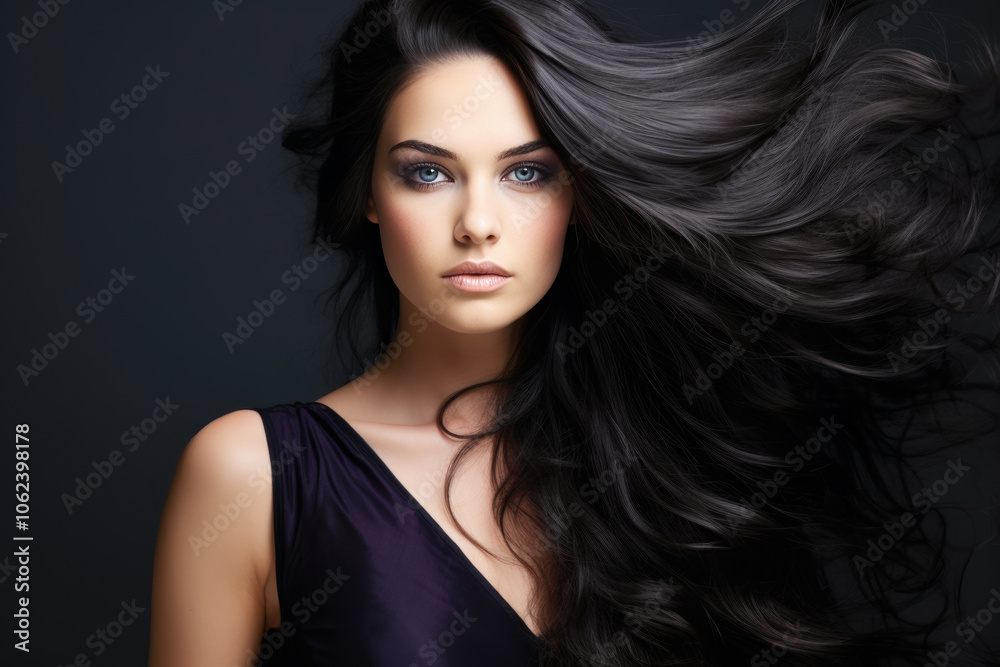 Stylish coiffure, brunette woman with long curly hair on gray background, beauty and hair care concept Stylish coiffure, brunette woman with long curly hair on gray background, beauty and hair care concept