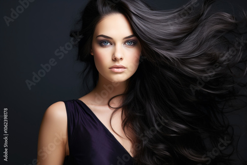 Stylish coiffure, brunette woman with long curly hair on gray background, beauty and hair care concept