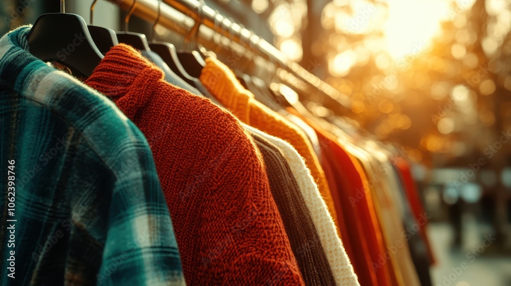 Bright sweaters displayed on a clothing rack basking in sunlight, showcasing a vibrant color spectrum and modern fashion sense, evoking energy and freshness. Bright sweaters displayed on a clothing rack basking in sunlight, showcasing a vibrant color spectrum and modern fashion sense, evoking energy and freshness.