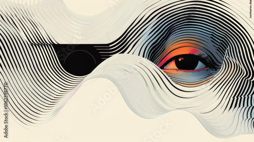 Abstract painting combination with shapes and eye looking at you, white, blue, orange
