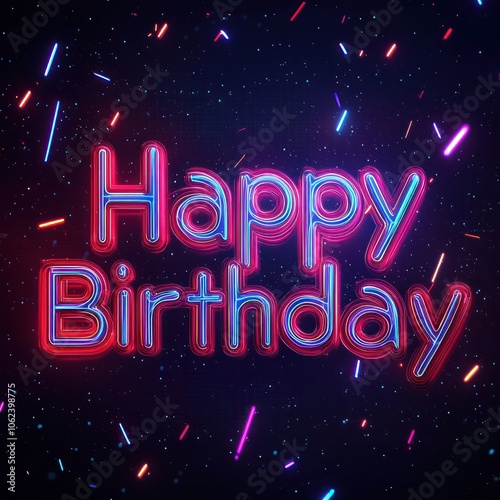 Futuristic glowing "Happy Birthday" text with neon accents