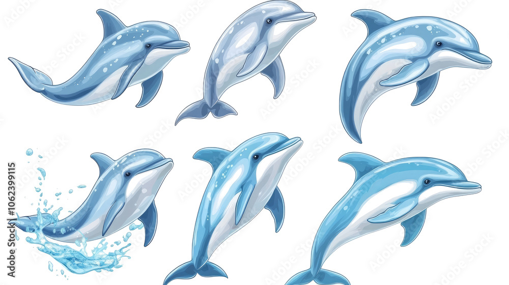 Fototapeta premium Set of Playful Dolphins Illustrated on a Transparent Background Generative AI