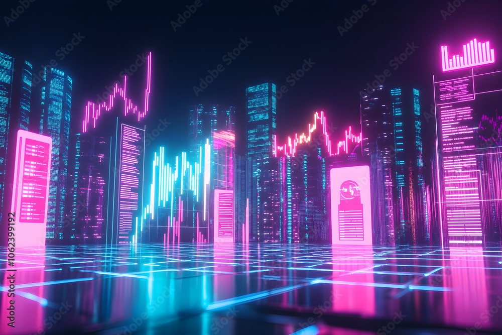 A futuristic neon illustration of a city skyline with digital screens showing financial data, set against a dark background. A futuristic neon illustration of a city skyline with digital screens showing financial data, set against a dark background.