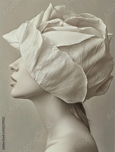 black and white artistic portrait of woman with strange hat made of marble