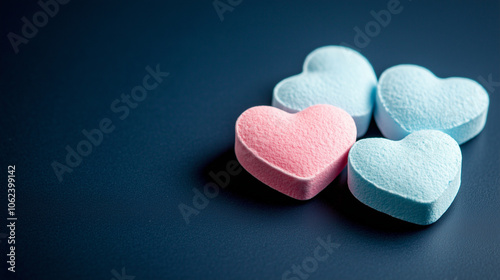 Pink and blue candy hearts on a dark navy background