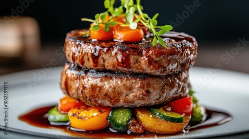 Two thick juicy steaks stacked over vibrant grilled vegetables, beautifully garnished, offering a rich, hearty, indulgent and colorful culinary experience. photo