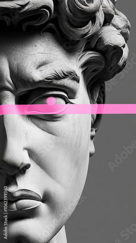 Close up statue face painted over defaced with pink line,modern art