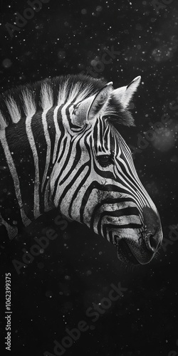 zebra close up black and white, black backround