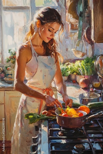Young woman cooking in the kitchen vintage oil on canvas