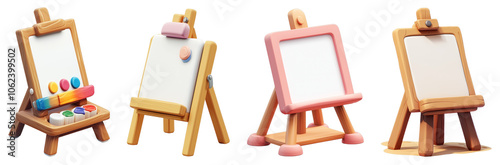 A 3D easel icon with a transparent background, symbolizing an artist’s workspace and canvas support.
