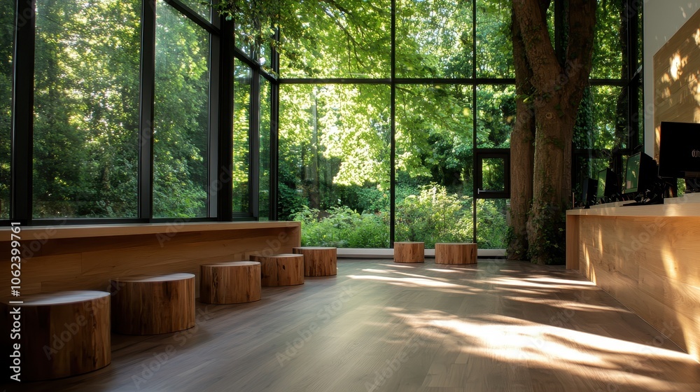 A contemporary interior setup featuring stool-like seating and large, transparent glass walls offering a view of lush green trees, creating an indoor-outdoor blend. A contemporary interior setup featuring stool-like seating and large, transparent glass walls offering a view of lush green trees, creating an indoor-outdoor blend.