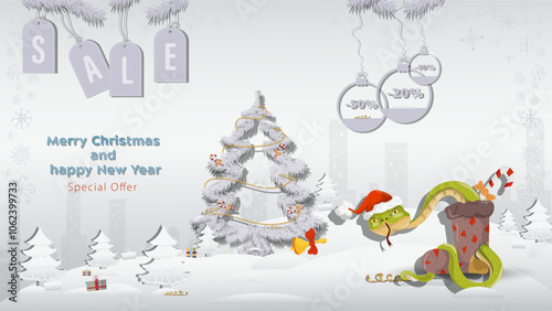 Special Offer Christmas and New Years Sale A snake in a Santa Claus hat crawls out of a gift sock with a fir tree in a winter snowy forest