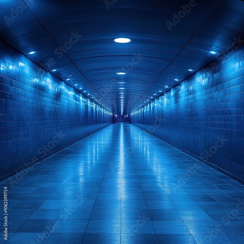 Explore the mystique of an illuminated blue tunnel leading into the unknown