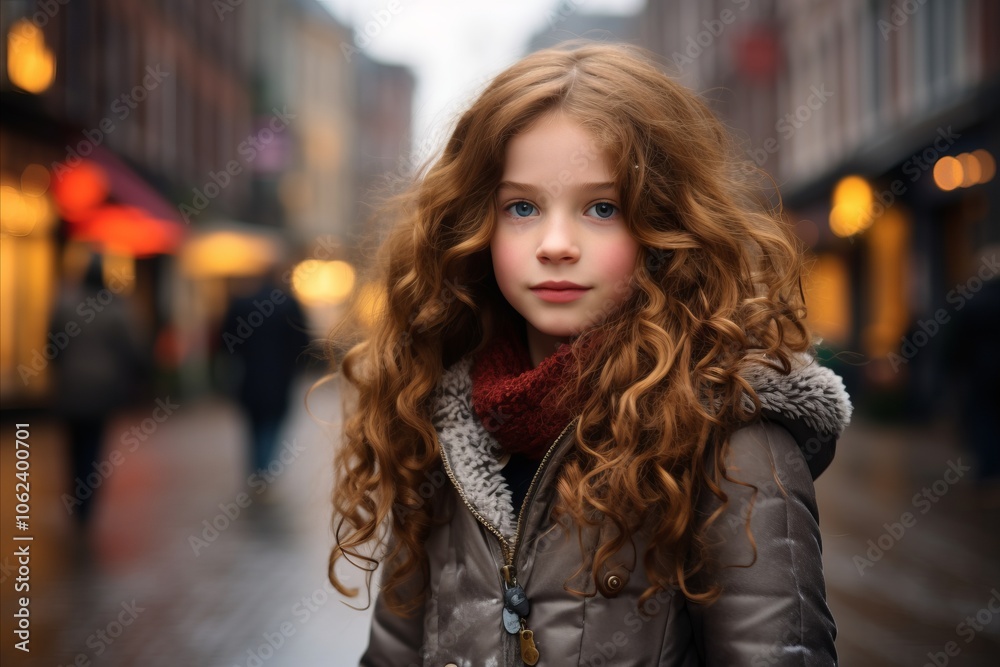 Portrait of a beautiful little girl with curly hair in the city Portrait of a beautiful little girl with curly hair in the city