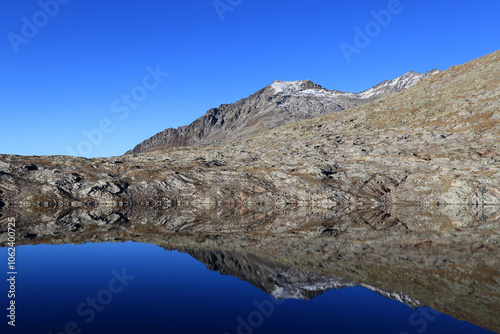 Quiet alpine lake with mountains reflections on the water surface
