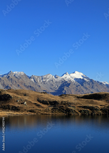 Alpine lake with Adula glacier in the background on a beautiful autumn day
