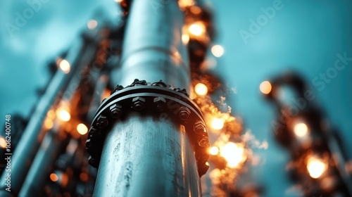 A dramatic industrial pipeline, gleaming with metal and emitting fiery steam under an ethereal twilight sky, represents industrial might and energy movement. photo