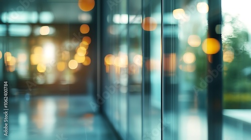 Blurred background showcasing a contemporary office with expansive windows and soft lighting.