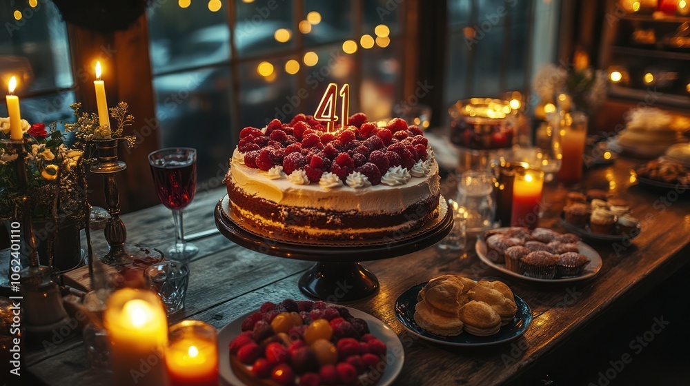 A birthday cake with candles and a number 41 on it. There are other desserts on a table, along with a glass of wine.
