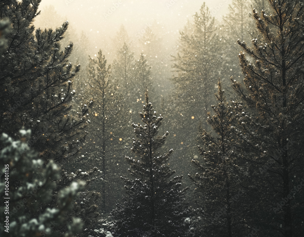 snow-covered pine trees in snowy winter forest. winter background. Christmas background. moody. atmospheric snow-covered pine trees in snowy winter forest. winter background. Christmas background. moody. atmospheric