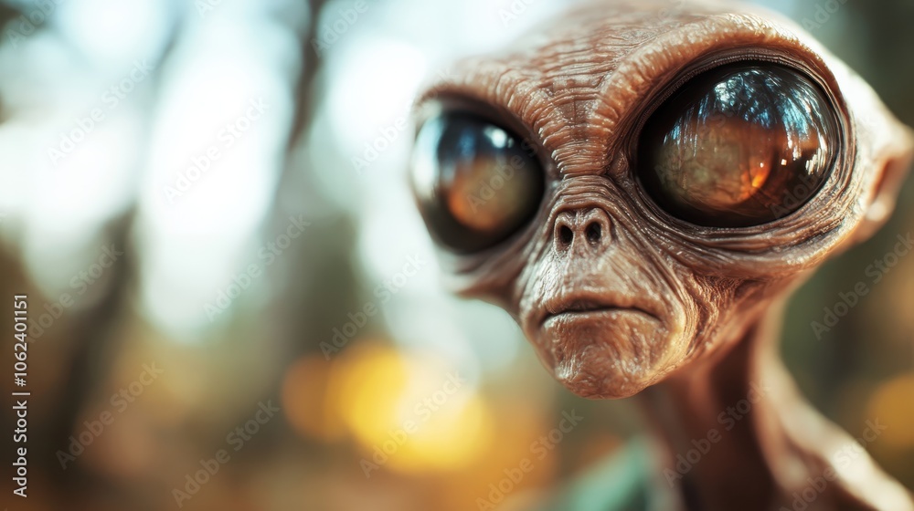 A detailed depiction of a gray extraterrestrial figure with enlarged, reflective eyes, shown looking thoughtfully into the distance amid a softly lit forest background. A detailed depiction of a gray extraterrestrial figure with enlarged, reflective eyes, shown looking thoughtfully into the distance amid a softly lit forest background.