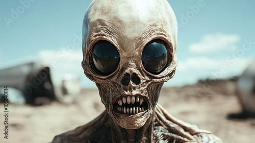 A close-up image of an alien figure in a stark desert environment, conveying an eerie blend of fear, curiosity, and realism against a mysterious, vast landscape.