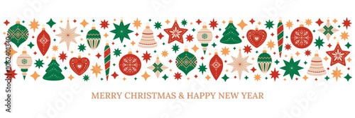 Merry Christmas and Happy New Year horizontal long border with Christmas tree decorations of different shapes. Holiday pattern in red, green and beige colors on white background. Festive banner