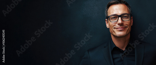 A professional gentleman wearing glasses and a black suit, displaying a confident smile that embodies maturity and sophistication against a dark backdrop.