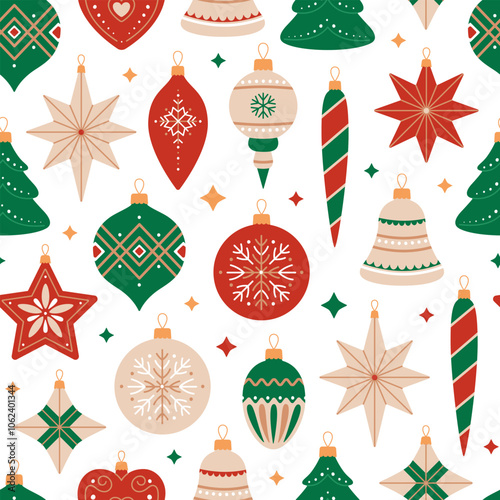 Seamless pattern with Christmas tree decorations of different shapes. Vintage holiday ornaments in red, green and beige colors on white background. Xmas toys print