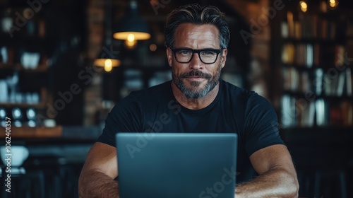 A mature man with glasses intently works on his laptop in a dimly lit environment. The subdued lighting creates a serene and contemplative atmosphere.