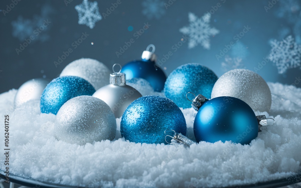 Blue and white Christmas ornaments in snow with snowflakes falling in background. Blue and white Christmas ornaments in snow with snowflakes falling in background.