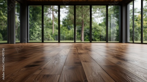 A contemporary room showcasing the beauty of nature through expansive glass windows, with warm wooden floors and an open view, creating a serene ambiance. photo