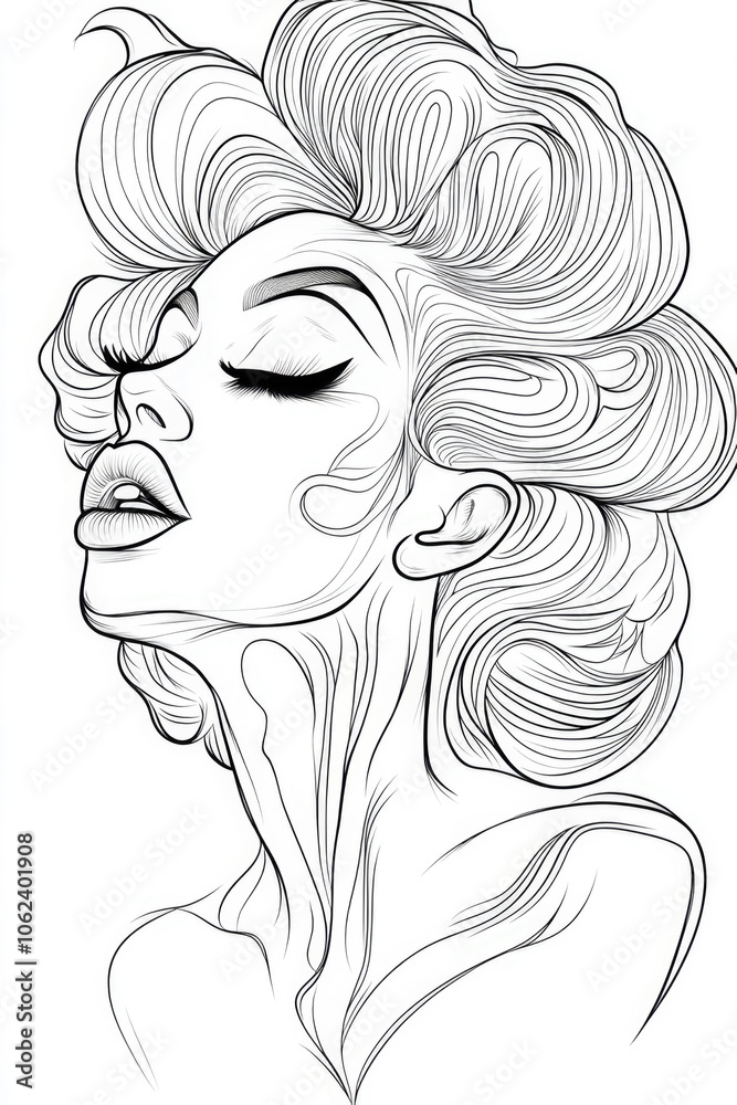 A dynamic and stylized line drawing showcasing a woman's face and neck with swirling hair. Her expression is serene, exuding a sense of grace and sophistication. A dynamic and stylized line drawing showcasing a woman's face and neck with swirling hair. Her expression is serene, exuding a sense of grace and sophistication.