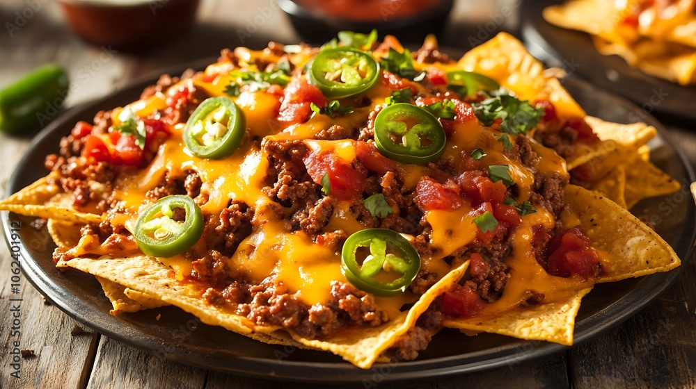 A plate of loaded nachos topped with ground beef, melted cheese, and jalapeños A plate of loaded nachos topped with ground beef, melted cheese, and jalapeños