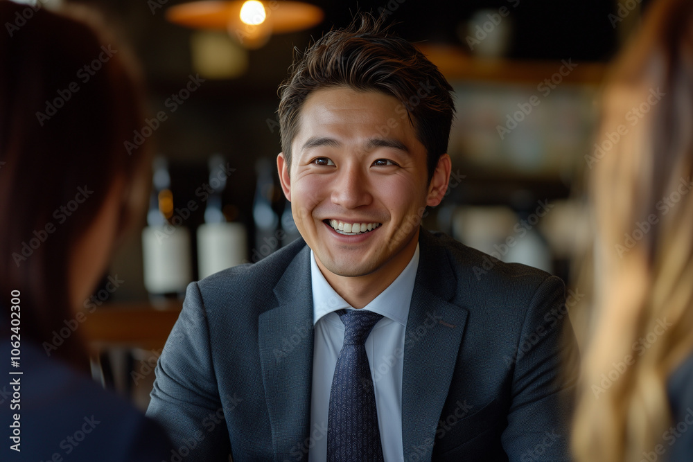 A smiling young Japanese businessman in a suit having a friendly conversation with women seated across from him, possibly in a professional or consultation setting A smiling young Japanese businessman in a suit having a friendly conversation with women seated across from him, possibly in a professional or consultation setting