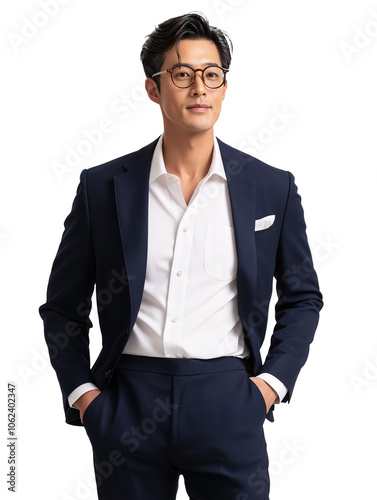 Confident Asian Man in Navy Suit and White Shirt Portrait