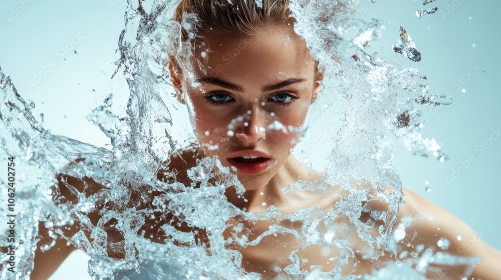 Obraz premium A striking image of a woman forcefully emerging from splashing water, capturing her intense gaze and sense of strength, emphasizing a dramatic water scene.