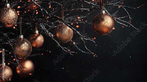 Christmas banner showcasing a tree branch decorated with copper ornaments on a black background.