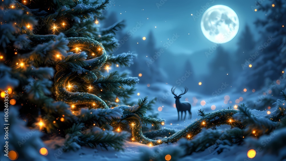Winter Wonderland with a Christmas Tree and a Silhouette of a Deer Winter Wonderland with a Christmas Tree and a Silhouette of a Deer