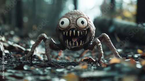 Set in a forest scene, this strange creature with oversized eyes and sharp fangs blends humor and horror, creating an eerie yet whimsical, unsettling presence. photo