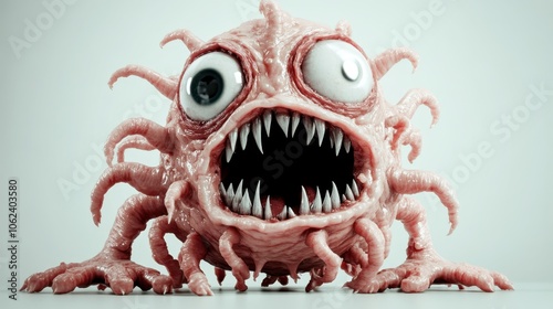 A terrifying creature with multiple eyes, tentacles, and razor-sharp teeth, appearing as a haunting figure of horror in what seems like a dystopian environment. photo