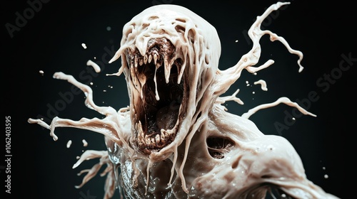 A grotesque, monstrous figure with gaping jaws and dripping, melting flesh captures a chilling, haunting atmosphere in a surreal, otherworldly setting.