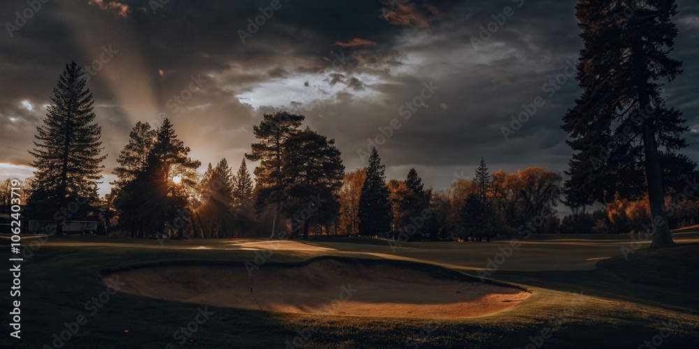 Golf Course Bunker at Sunset with Trees Golf Course Bunker at Sunset with Trees
