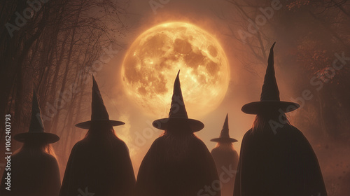 Witches and wizards gather, each dressed for Halloween. photo