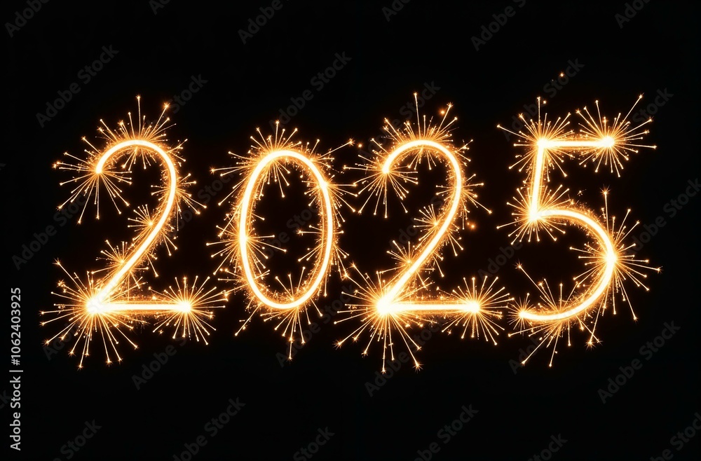 The number 2025 is made up of festive sparklers on a black background. Happy New Year! The number 2025 is made up of festive sparklers on a black background. Happy New Year!